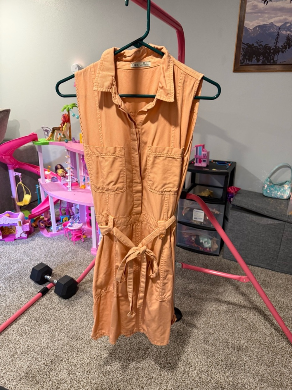Dex Peach Sleeveless Shirt Dress with Tie Waist